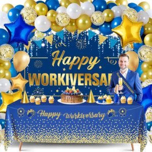 Happy Work Anniversary Decorations,Blue Gold Happy Workiversary Banner Backdrop,Balloons