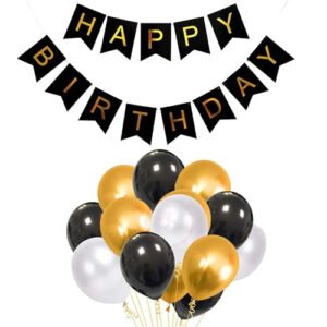 Golden-White-Black Balloons Combo with Happy Birthday Banner
