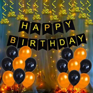 44-Piece Happy Birthday Decoration Kit with Black Banner & LED Lights