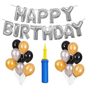 Silver Happy Birthday Foil Balloon Metallic Balloons Combo With Hand Balloon Pump...