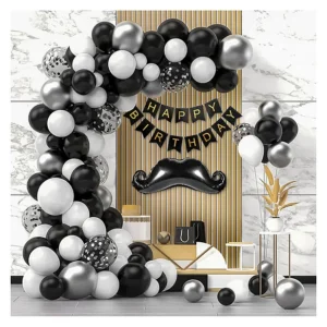 Birthday Decoration Items Combo With Black White & Silver Metallic Balloons Black...