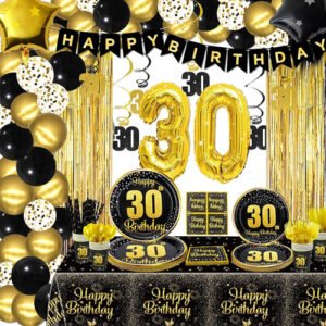30th Birthday Decorations 16 inch 30th Gold Number-thirty Sign Latex Balloon With Gold Foil Fringe Curtains black HBD Ppaer Bunting And Cheers Beers Cups Foil Balloons