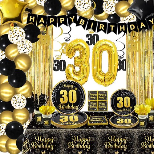 30th Birthday Decorations 16 inch 30th Gold Number-thirty Sign Latex Balloon With Gold Foil Fringe Curtains black HBD Ppaer Bunting And Cheers Beers Cups Foil Balloons