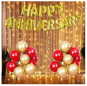 HK balloons ​Happy Anniversary​ Decoration Item For ​Foil Balloon with Lights - Pack Of ​32 ​Pcs Combo Set, Red And Golden Themed Wedding Anniversary Decoration Kit