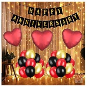 HK balloons Pack Of 56 Pcs Happy Anniversary Decoration Items Kit Combo For Home Or Bedroom - Anniversary Banner, Metallic Rubber Balloons,Heart Shaped Foil Balloons And Led Lights