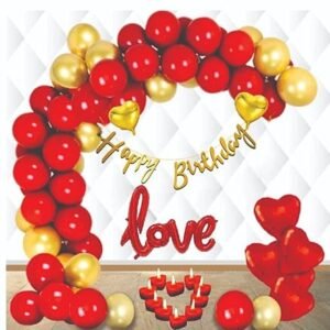 HK balloons Pack Of 72 Pcs Birthday Decoration Kit With Golden Banner I Love You Banner Heart Shaped Foil Balloons Red Gold Balloons & Heart Shaped Candles For Birthday Decoration Husband And Wife
