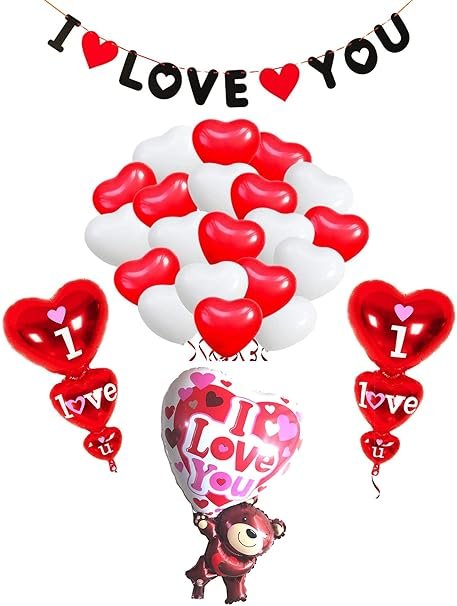 HK Balloons Heart Shaped Balloon Birthday, Anniversary, Valentine Balloons for Decoration, (Pack of 32 ILU Decoration set)