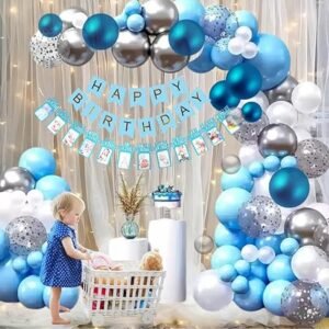 HK Balloons 64 Piece Blue 1st Happy Birthday Combo Set with White Net Curtain ...