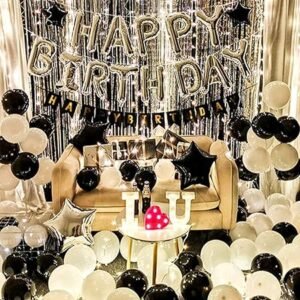 HK balloons Pack Of 62 Silver Foil Happy Birthday Decoration With Led