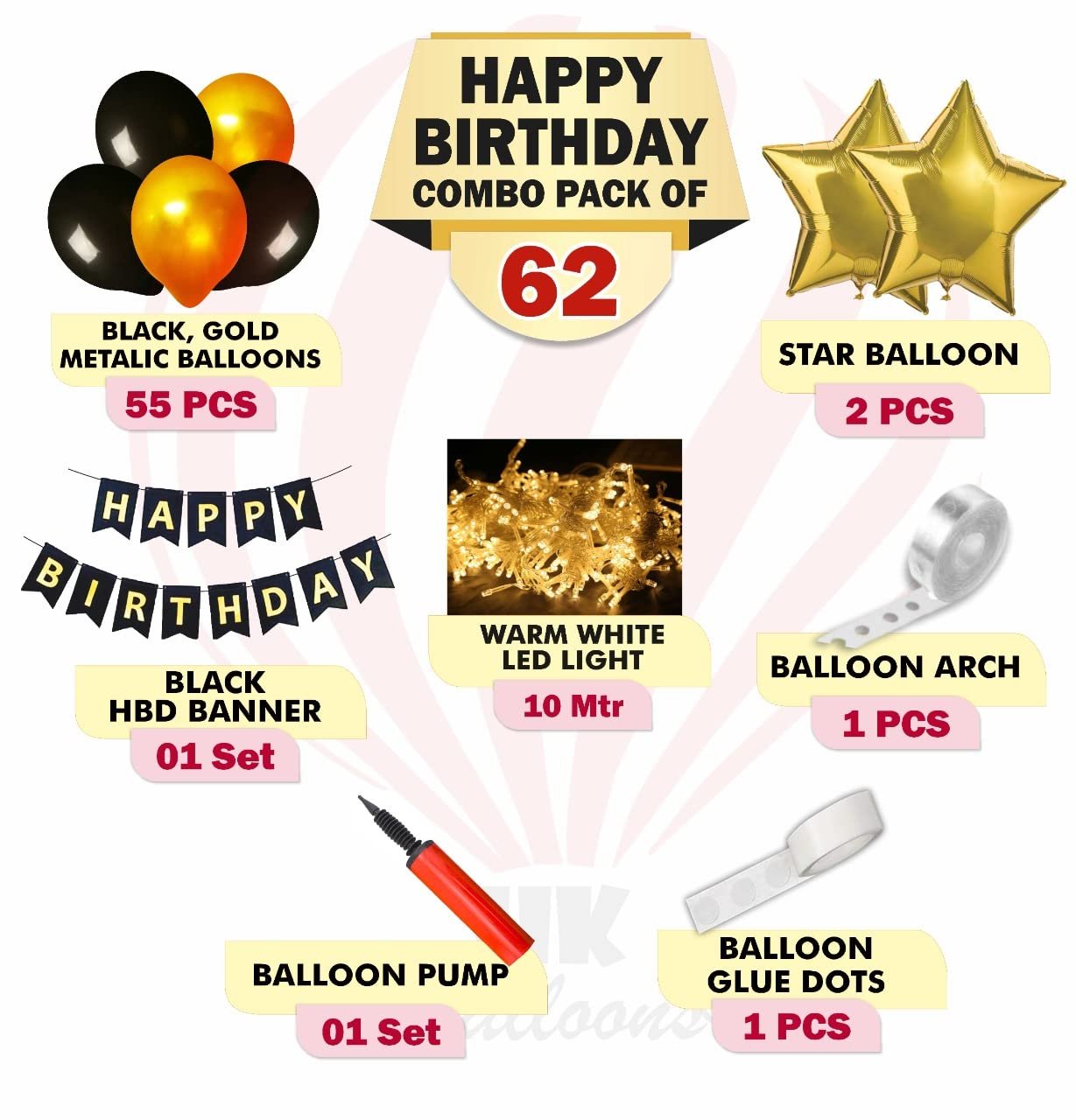 HK balloons Pack Of 34 Pcs Happy Birthday Banner Decoration Kit Set With Metallic Balloons (Black Gold Birthday Decoration With Led - Pack Of 62) - Image 3