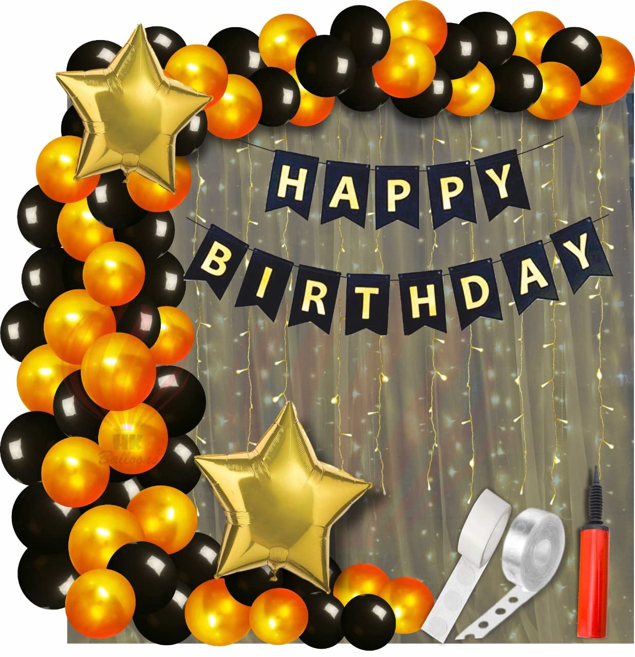 HK balloons Pack Of 34 Pcs Happy Birthday Banner Decoration Kit Set With Metallic Balloons (Black Gold Birthday Decoration With Led - Pack Of 62)