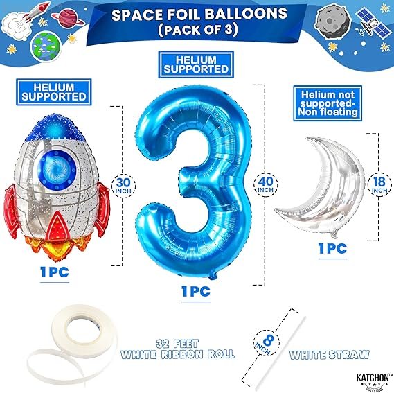 Big Outer Space 3 Year Old Birthday Balloons - Pack of 8 | 3rd Birthday Decorations Boy - Image 2