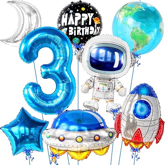 Big Outer Space 3 Year Old Birthday Balloons - Pack of 8 | 3rd Birthday Decorations Boy