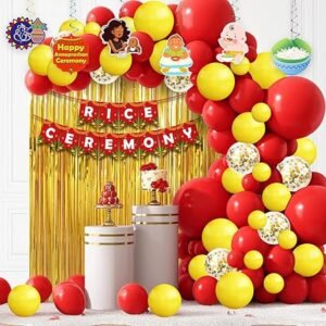 Baby Rice Ceremony Decorations Items 49pcs Baby Annaprashan Decoration Items Yellow And Red Balloons For Decoration With Annaprashan