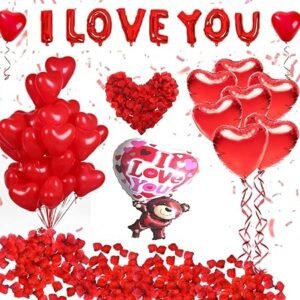 HK Balloons Heart Shaped Balloon Birthday, Anniversary, Valentine Balloons for Decoration, (I love You Banner with Teddy bear balloon)
