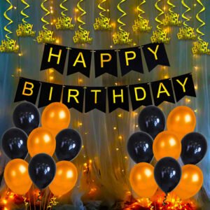 Black Banner Golden Swirls Balloons With Led Light Birthday Decorations Items for Bday Lights
