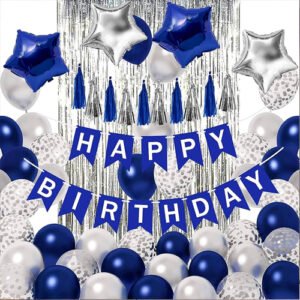 Birthday Decorations Combo With Happy Birthday Balloons Banner Blue-Silver...