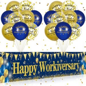 Happy Work Anniversary Decorations Banner Blue Gold Happy ....