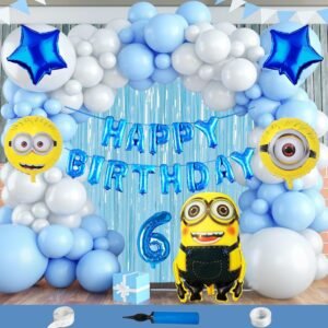 Crazykart Happy Birthday 6 Year Minion Theme Decoration Combo With Foil Curtain Shimmer Balloon Pump Arche For Kids Party Decorations (Pack of 112) Blue