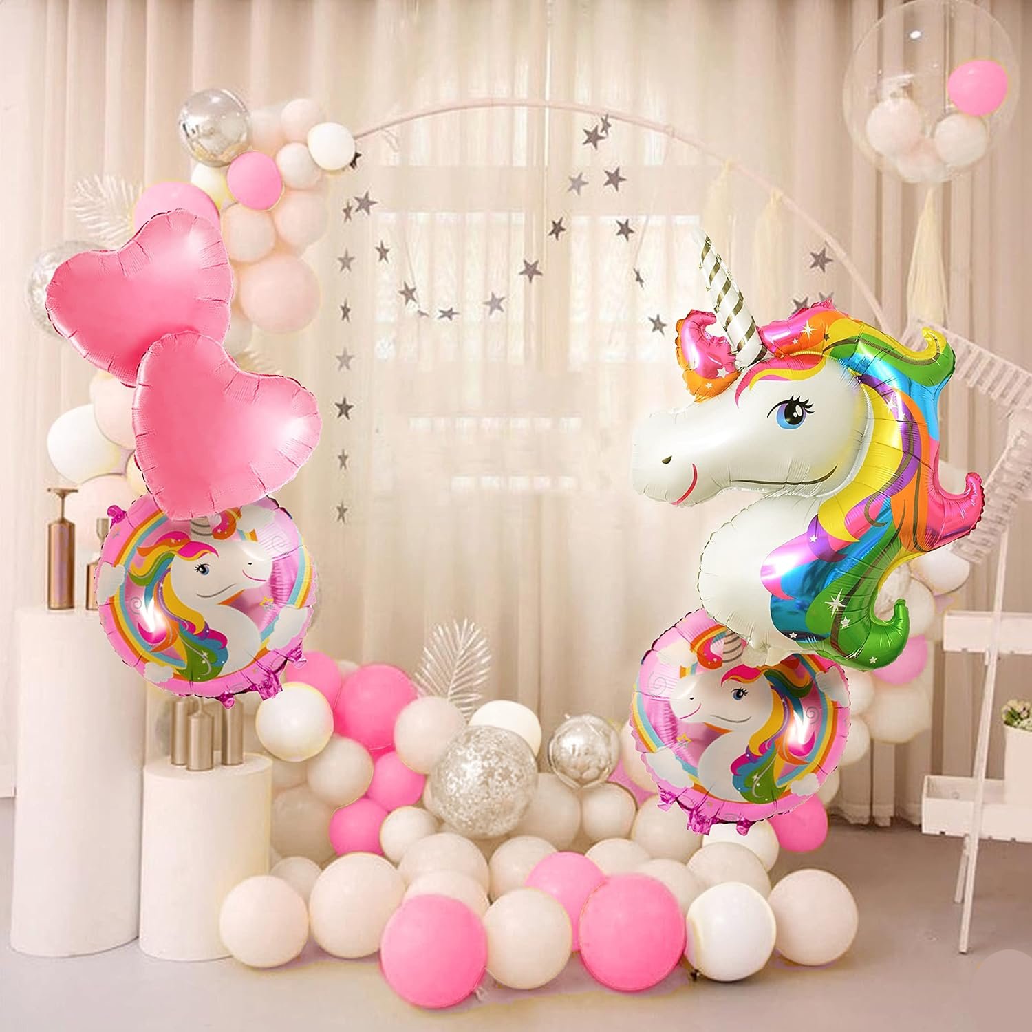Unicorn Theme Birthday For Girls-1 Unicorn Foil Balloon, 2 Pink Heart Foil Balloons...