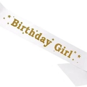 HK balloons White Colored Gold Printed Birthday Girl Sash for Birthday Decoration Items for Girls (White-Gold)
