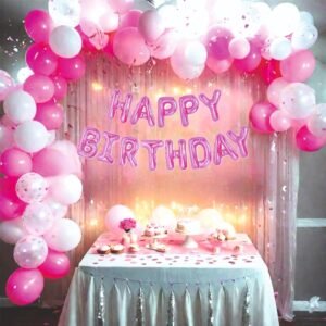 HK balloons 41 pcs Pink Birthday decoration Item Happy Birthday decoration set with Net Curtain For Girl Wife And Adults Birthday Decoration Kit Backdrop Theme