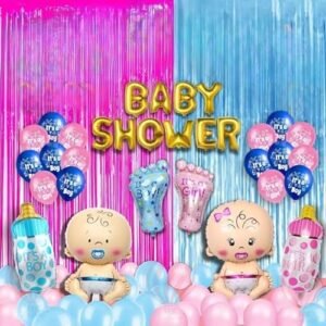 HK Balloons Pack of 90 Baby Shower Decoration Items Combo gold foil balloon Decorations Set with paper fan Latex balloons ,foot bottle baby boy girl foil balloons