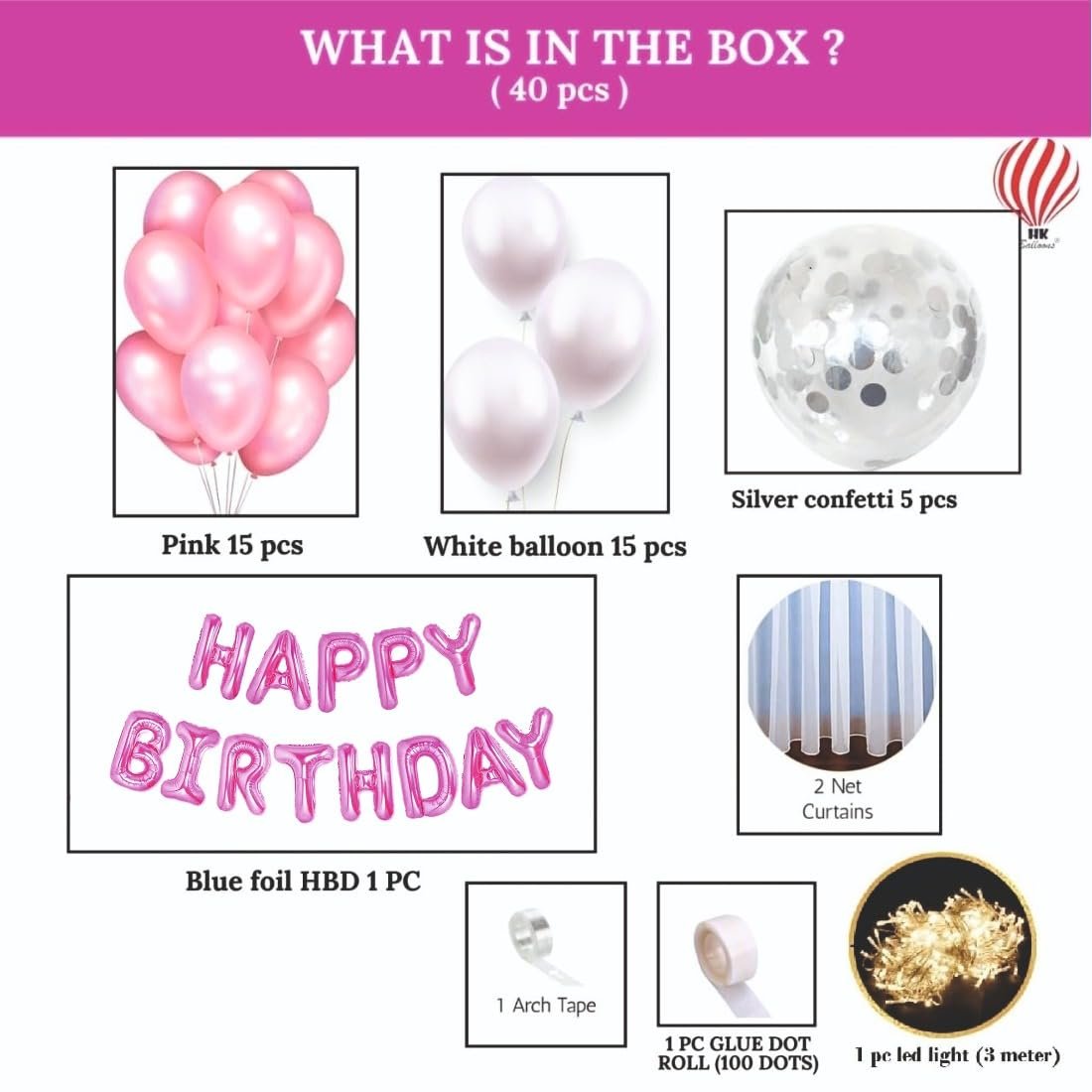 HK balloons 41 pcs Pink Birthday decoration Item Happy Birthday decoration set with Net Curtain For Girl Wife And Adults Birthday Decoration Kit Backdrop Theme - Image 4