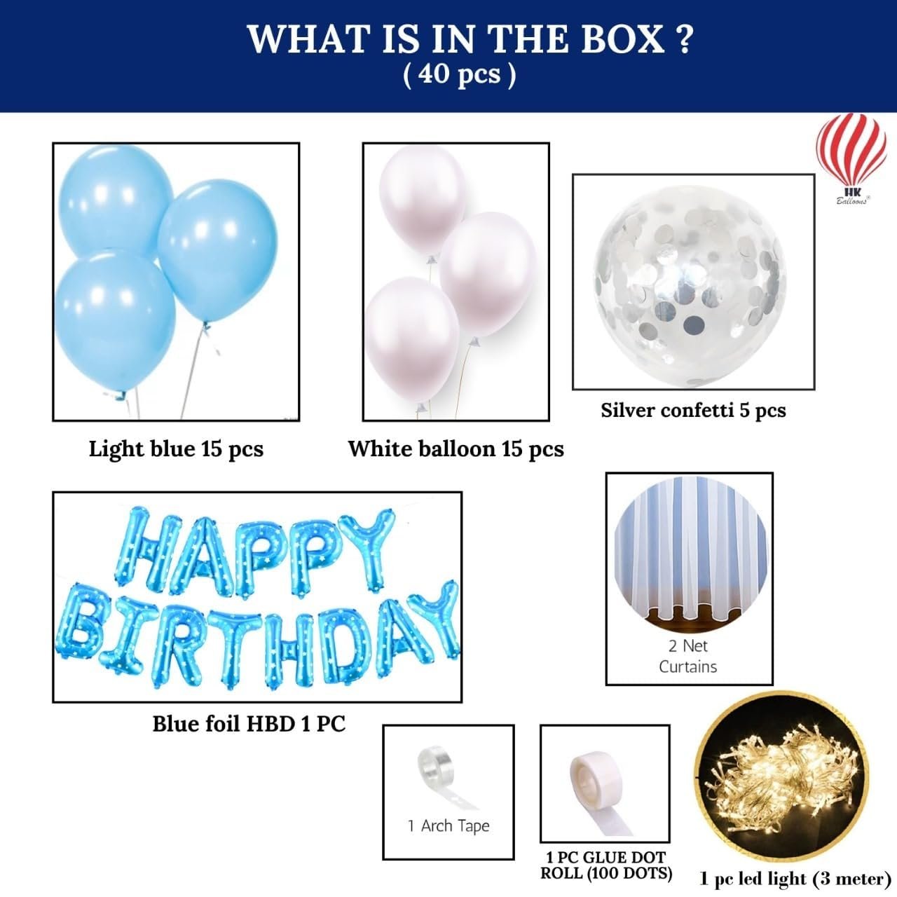 HK balloons 41 pcs Blue Birthday decoration Items Happy Birthday decoration set with Net Curtain For Boys Husband Birthday Decoration Kit Backdrop Theme - Image 4