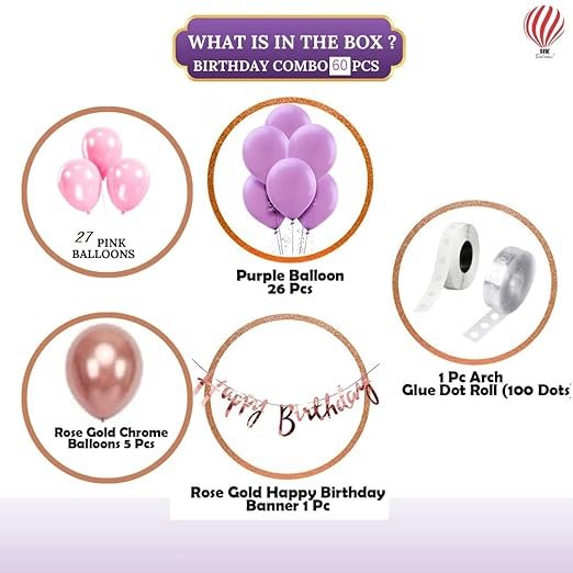 HK balloons Pack Of 34 Pcs Happy Birthday Banner Decoration Kit Set With Metallic Balloons (Pink Cursive Banner Set - Pack Of 42) - Image 2