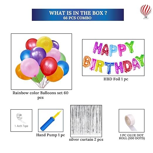 HK balloons Cute Birthday Party Deocorations Set - Multicolored Rainbow Balloons Perfect Birthday Party With Silver Curtain And Balloon Pump|66 Pcs - Image 3