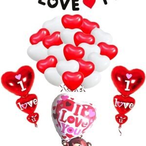 HK Balloons Heart Shaped Balloon Birthday, Anniversary, Valentine Balloons for Decoration, (I love you foil balloon set with teddy foil balloon- Pack of 36)