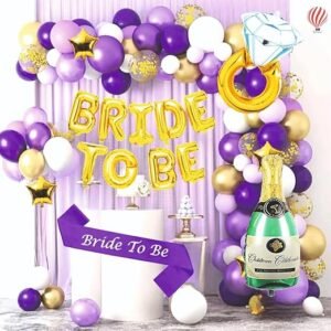 HK Balloons Pack of 62 Bride To Be Decoration Item Set combo for Bachelor Wedding Party Decoration Balloons With Sash & Confetti Purple White Themed Bride To Be Decorations Rubber