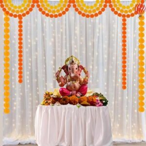 HK Balloons Ganpati Decoration Set: Ganpati Bappa Moray Banner, Net Curtain Backdrop, LED Lights, Genda Phool - Multicolor, Traditional Indian Festival - 9 Piece