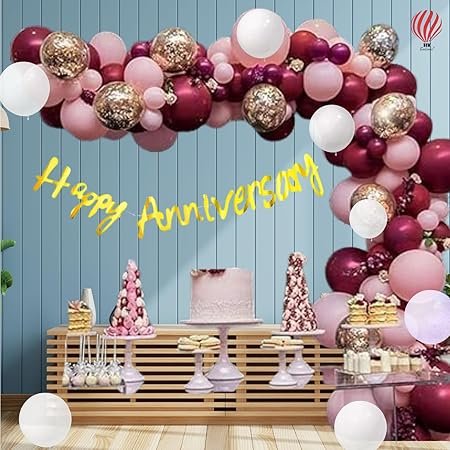 HK balloons 53 pcs Burgundy Balloons For Anniversary Decoration Item For Couples Burgundy Themed Anniversary Decoration Set Happy Anniversary Balloons Kit