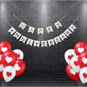 HK balloons® Pack of 51 White Happy Anniversary Banner with Printed Heart red White Balloons for Anniversary Party Decorations