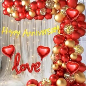 Hk Balloons Anniversary Decoration Items Pack Of 62 Kit Anniversary Balloon Decoration For Love Wedding Decoration Set For Couple With White Net Curtains & Confetti Balloons