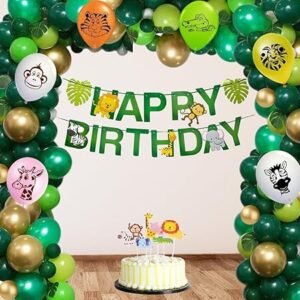 HK balloons Pack of 57 Pcs Jungle theme Birthday Party Decorations items For boys Forest Theme Happy Birthday Foil balloons Animal Face Foil, Chrome Balloons (Pack of 79)