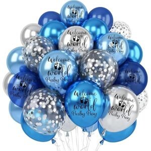 HK Balloons 35Pcs Welcome Baby Decoration Item Welcome To The Word Baby Boy Printed Blue Silver Balloons With Silver Confetti Baby Shower Decorations Baby Shower Backdrop Decorations Kit