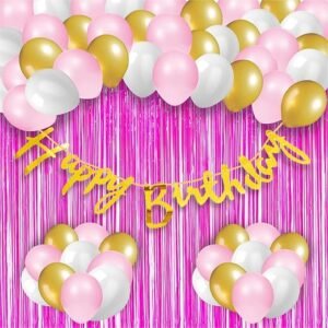 HK balloons Pack Of 34 Pcs Happy Birthday Banner Decoration Kit Set With Metallic Balloons (Pink Cursive Banner Set - Pack Of 42)