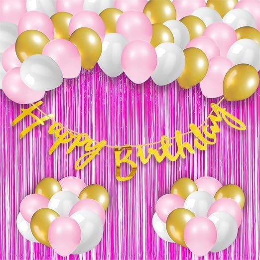 HK balloons Pack Of 34 Pcs Happy Birthday Banner Decoration Kit Set With Metallic Balloons (Pink Cursive Banner Set - Pack Of 42)