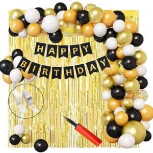 HK balloons Paper 59Pcs Set Happy Birthday Banner Balloon Arch Decoration Items Set With Confetti Balloon Curtain Pump For Birthday Decorations Items For Husband Wife Girls Boys, Multicolor