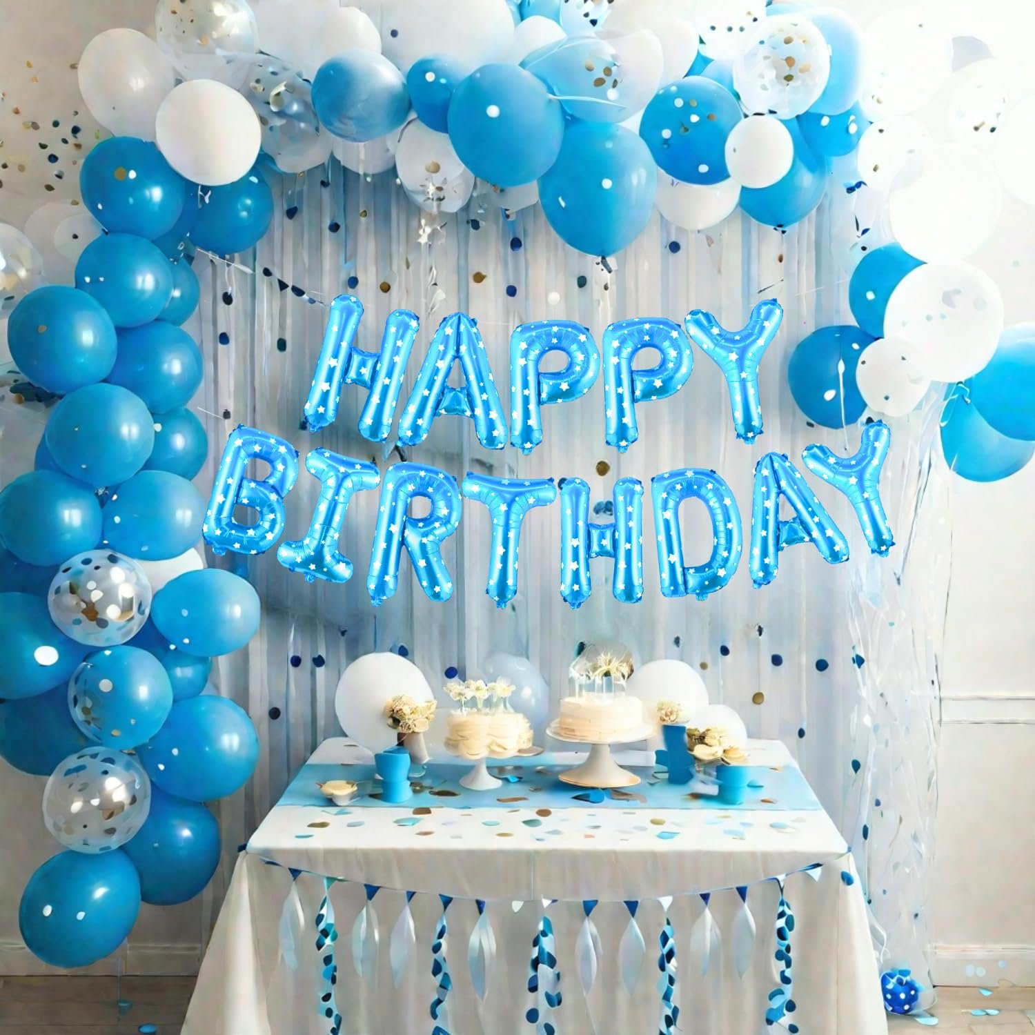 HK balloons 41 pcs Blue Birthday decoration Items Happy Birthday decoration set with Net Curtain For Boys Husband Birthday Decoration Kit Backdrop Theme