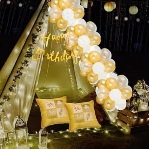 HK balloons 36 Pcs Cabana Tent Birthday Decoration Item With Net Cloth Curtain White Golden Them Birthday Backdrop Decoration Kit Set Combo For Kids Womens Mens