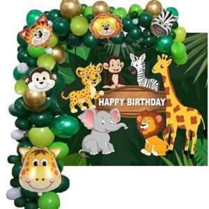 HK balloons 63 Pcs Jungle Theme Birthday Decoration Items For Boys Forest Theme Animal Face Foil, Chrome Balloons For Theme Birthday Party Decorations