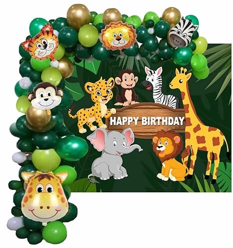 HK balloons 63 Pcs Jungle Theme Birthday Decoration Items For Boys Forest Theme Animal Face Foil, Chrome Balloons For Theme Birthday Party Decorations