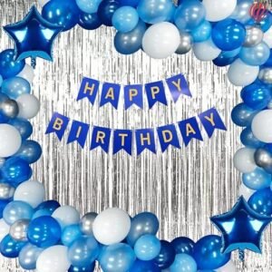 HK balloons 72 Pcs birthday decoration items for boys Party Decorations Set with silver foil Curtains metallic balloons and blue banner for husband , boys birthday decorations