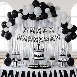 HK balloons 32 Pcs Happy Birthday Black Polka dot banner Decoration set items with black and white balloons & silver curtains for birthday decorations for boys husband