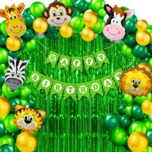 HK balloons Pack of 56 Pcs Jungle theme Birthday Party Decorations items For boys Forest Theme Happy Birthday Foil balloons Animal Face Foil, Chrome Balloons