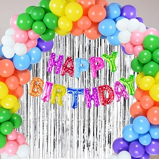 HK balloons Cute Birthday Party Deocorations Set - Multicolored Rainbow Balloons Perfect Birthday Party With Silver Curtain And Balloon Pump|66 Pcs